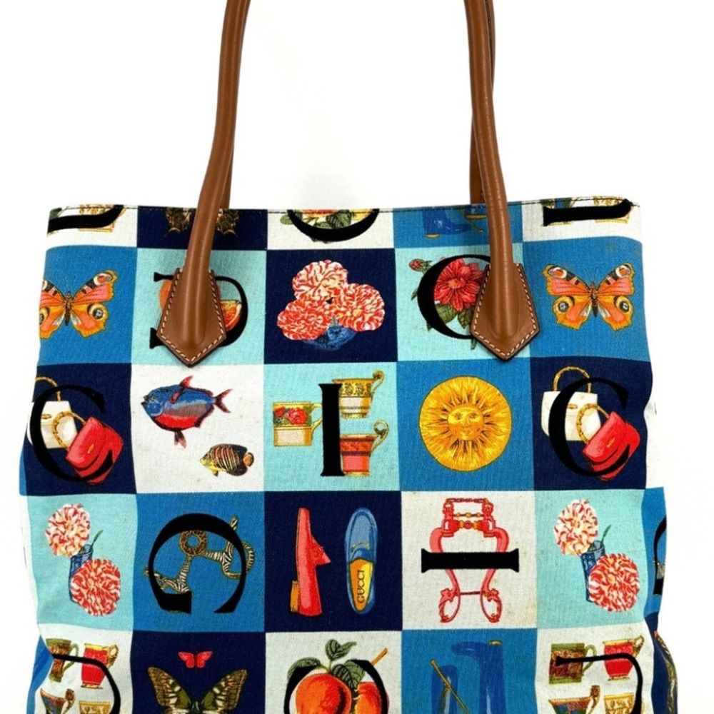AUTHENTIC GUCCI Blue and Tan Artistic Tote Bamboo Multicolor